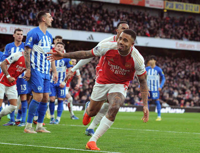 Gabriel Jesus pictured celebrating after scoring in Arsenal's 2-0 win over Brighton in December 2023
